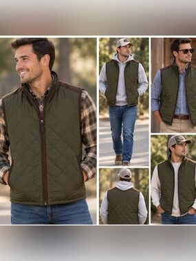 Men's Coleman Olive Green Quilted Men's Vest with Brown Trim- size L